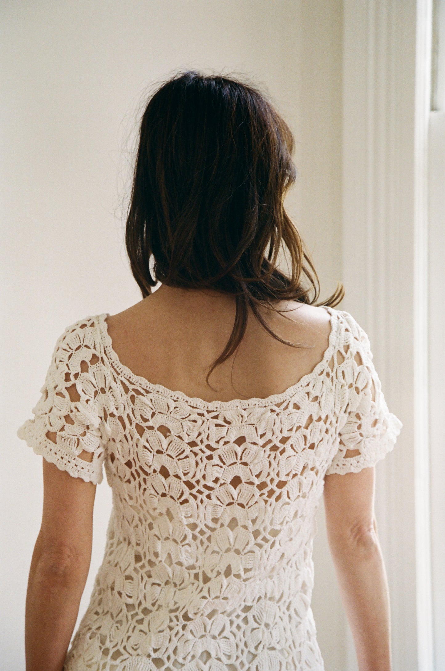 1970s Handmade White Crochet Open Knit Dropped Waist Dress