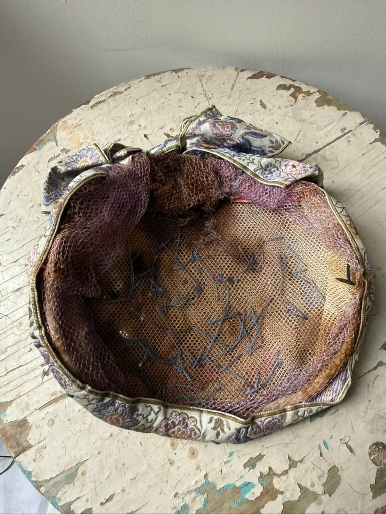1940s Alice May Horse Tapestry Millinery Hat with Velvet Flowers