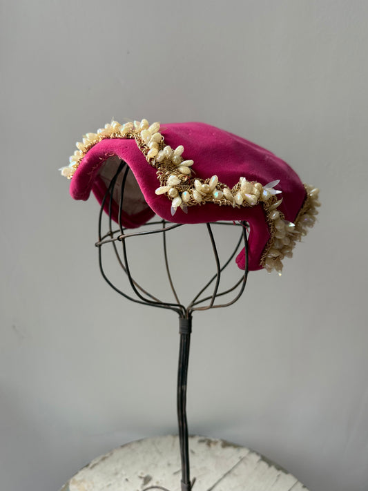 1940s Magenta Velvet Cocktail Calot by I. Magnin & Co.