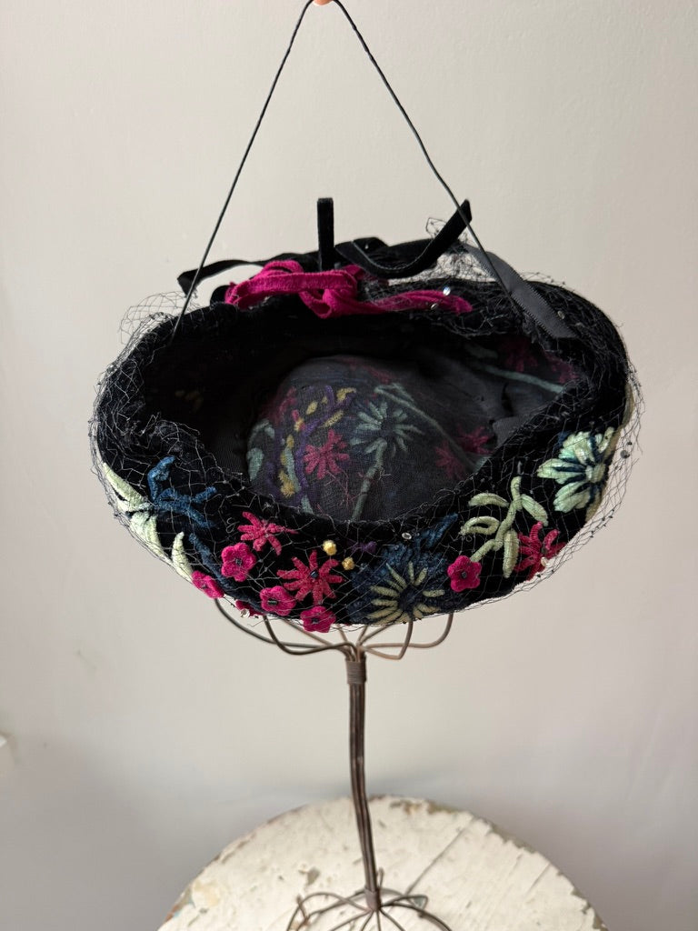 1950s Black Velvet Floral Cocktail Calot with Birdcage Veil