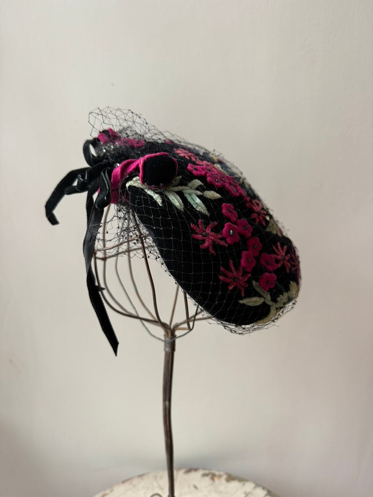 1950s Black Velvet Floral Cocktail Calot with Birdcage Veil