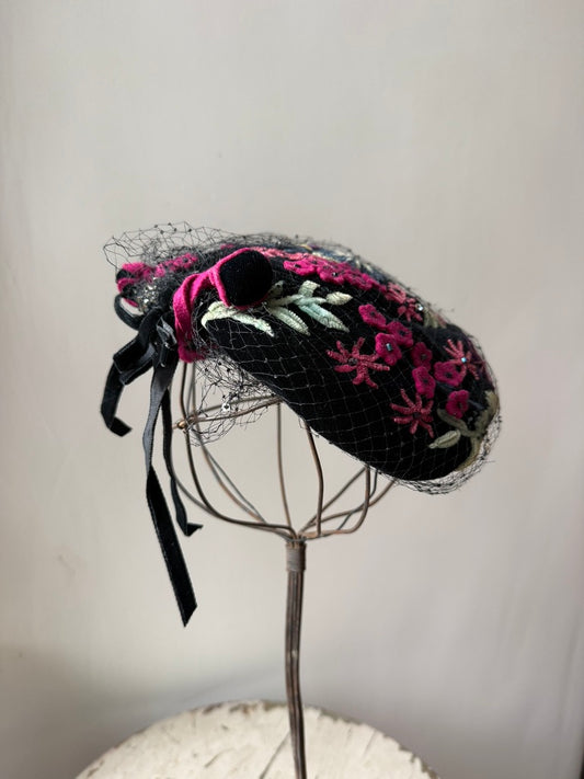 1950s Black Velvet Floral Cocktail Calot with Birdcage Veil