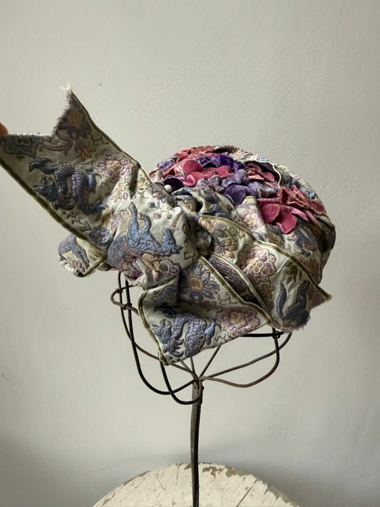 1940s Alice May Horse Tapestry Millinery Hat with Velvet Flowers