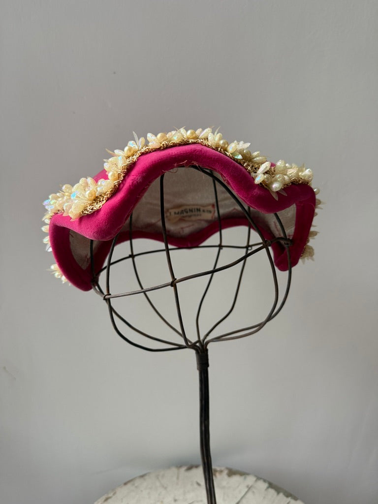 1940s Magenta Velvet Cocktail Calot by I. Magnin & Co.