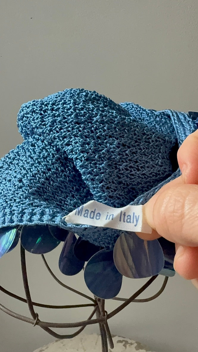 1960s Blue Sequin Pailette Juliet Cap Beret Made in Italy