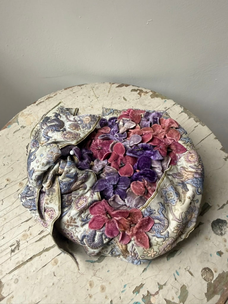 1940s Alice May Horse Tapestry Millinery Hat with Velvet Flowers