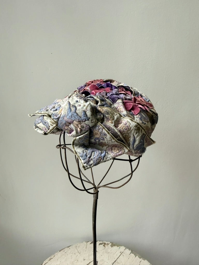 1940s Alice May Horse Tapestry Millinery Hat with Velvet Flowers