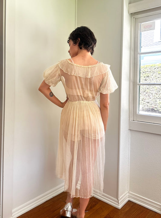 1930s Pale Yellow Sheer Net Ruffle Dress