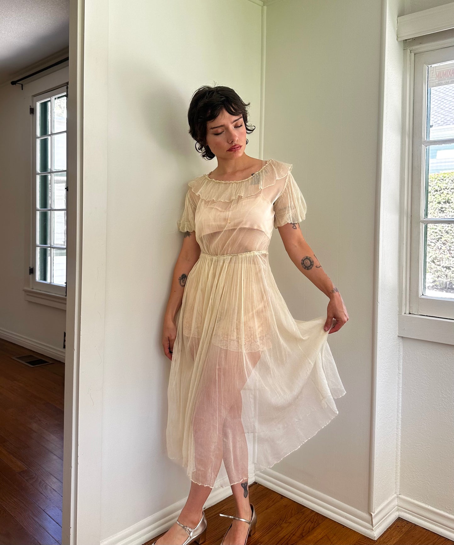 1930s Pale Yellow Sheer Net Ruffle Dress