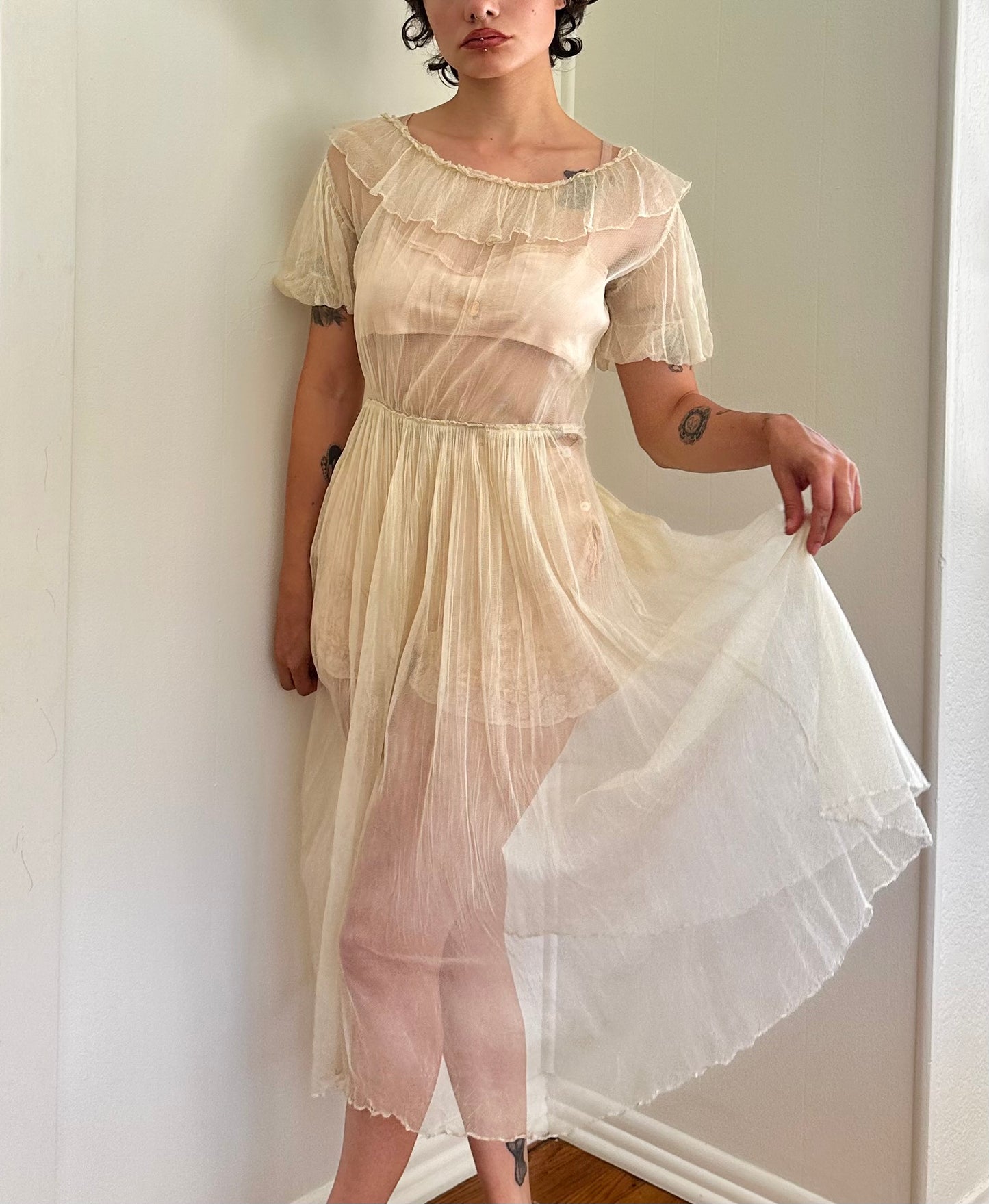 1930s Pale Yellow Sheer Net Ruffle Dress