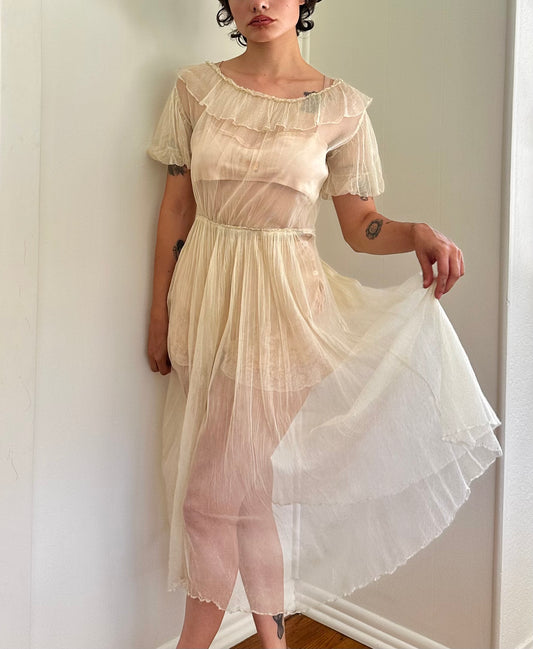 1930s Pale Yellow Sheer Net Ruffle Dress