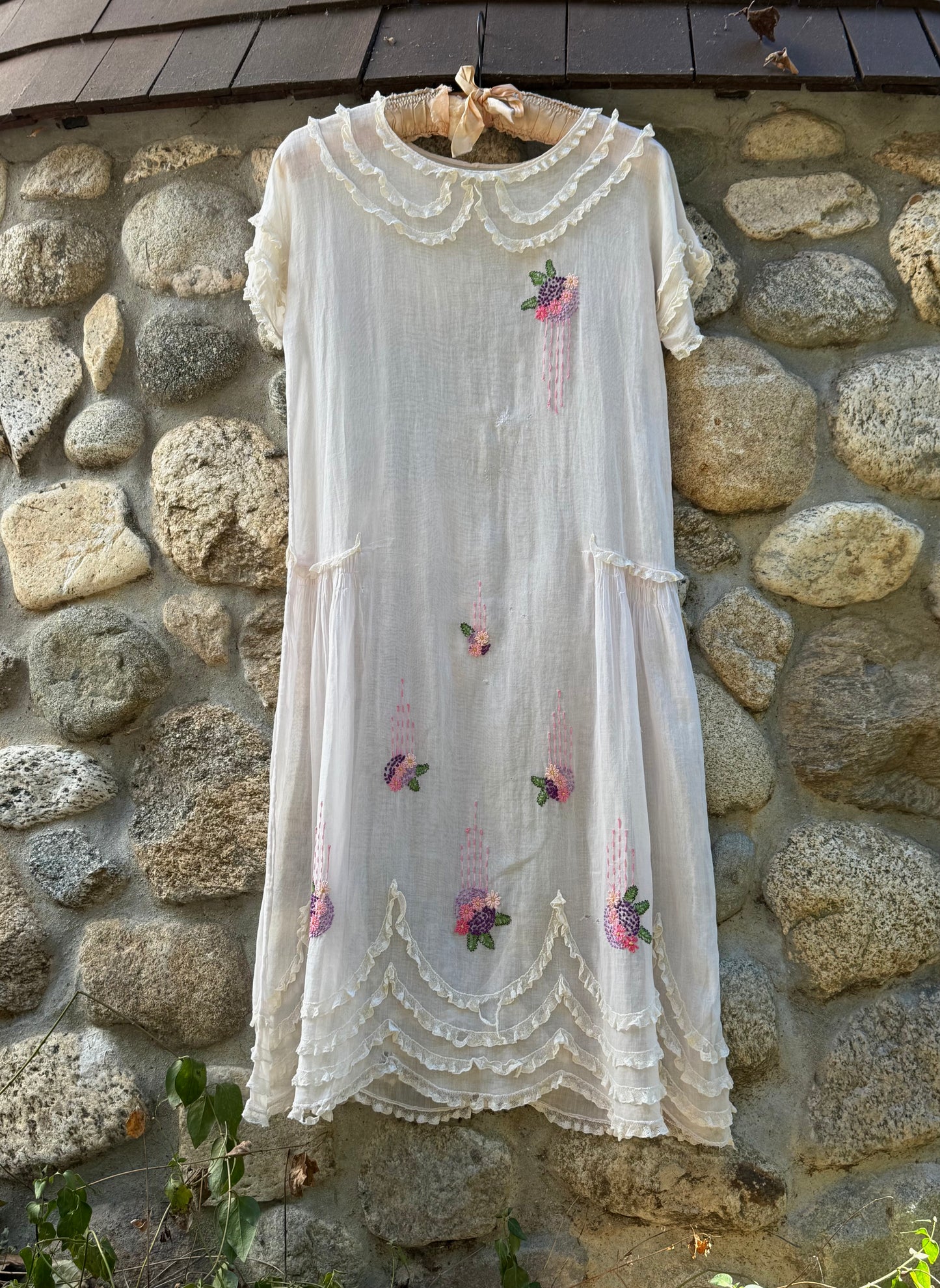 1920s Embroidered Voile Tiered Ruffle Lingerie Dress