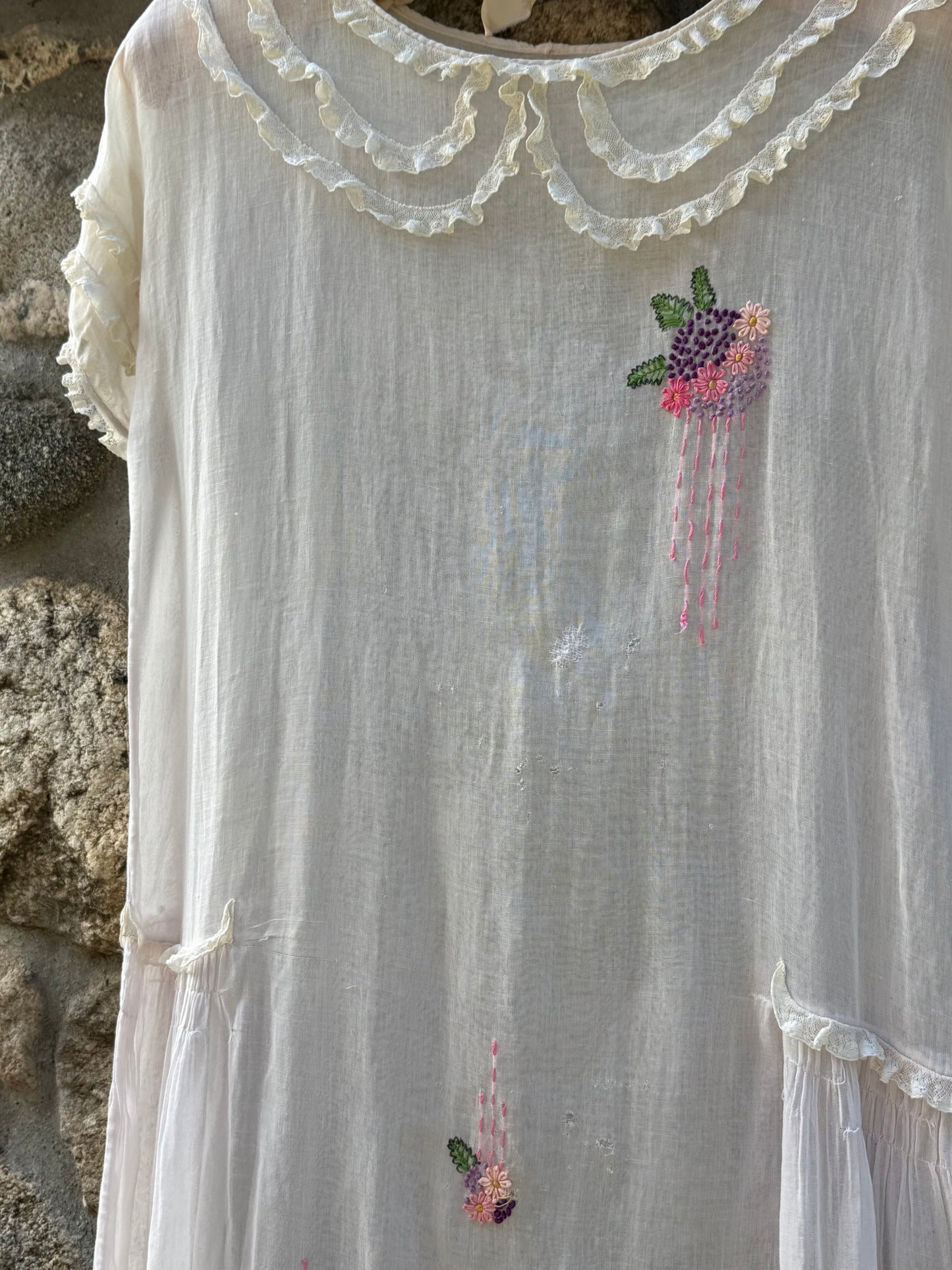 1920s Embroidered Voile Tiered Ruffle Lingerie Dress