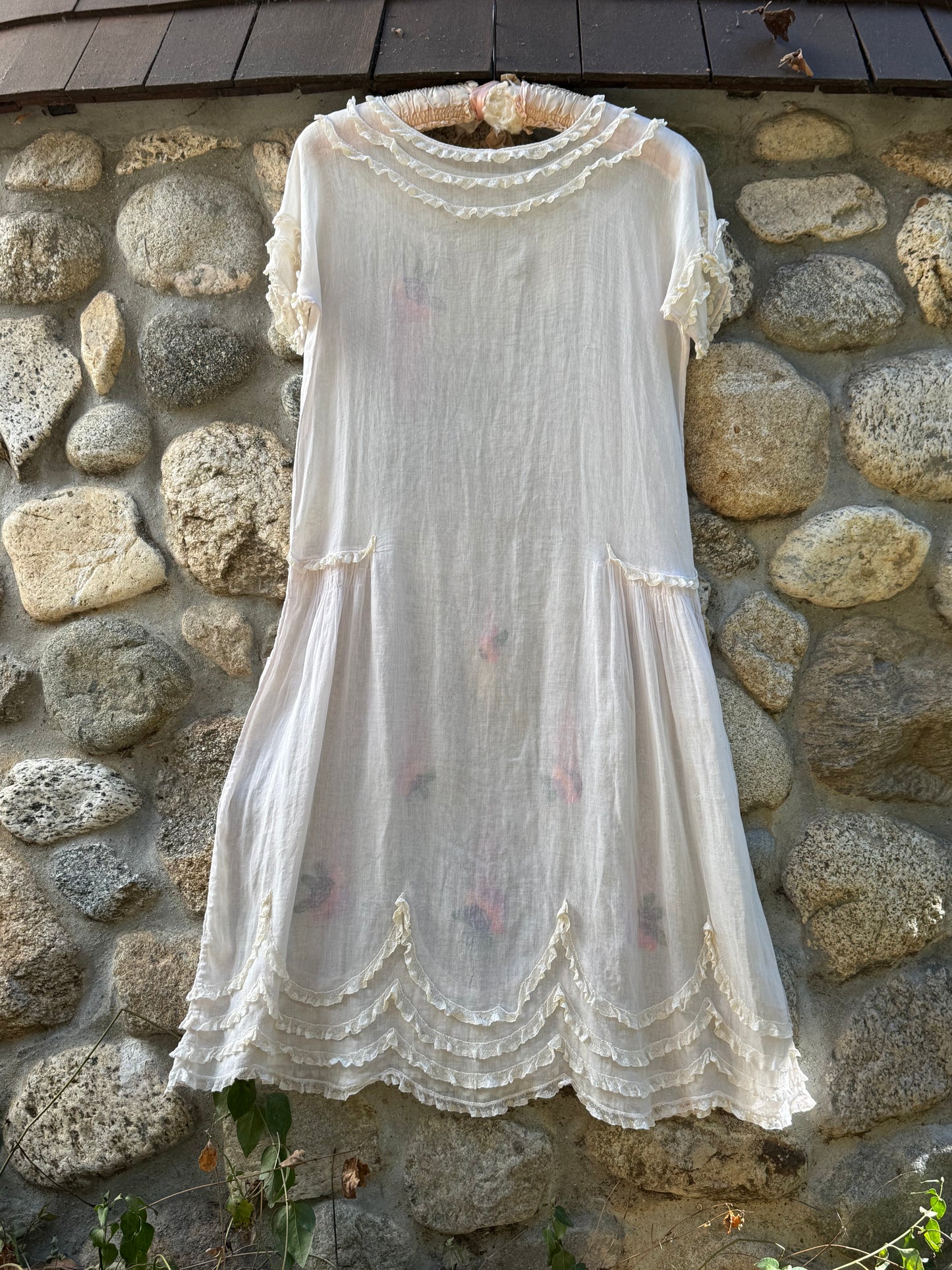 1920s Embroidered Voile Tiered Ruffle Lingerie Dress