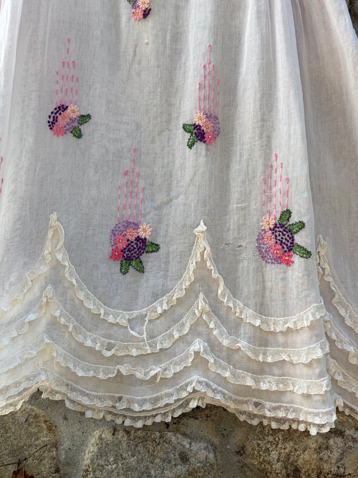 1920s Embroidered Voile Tiered Ruffle Lingerie Dress