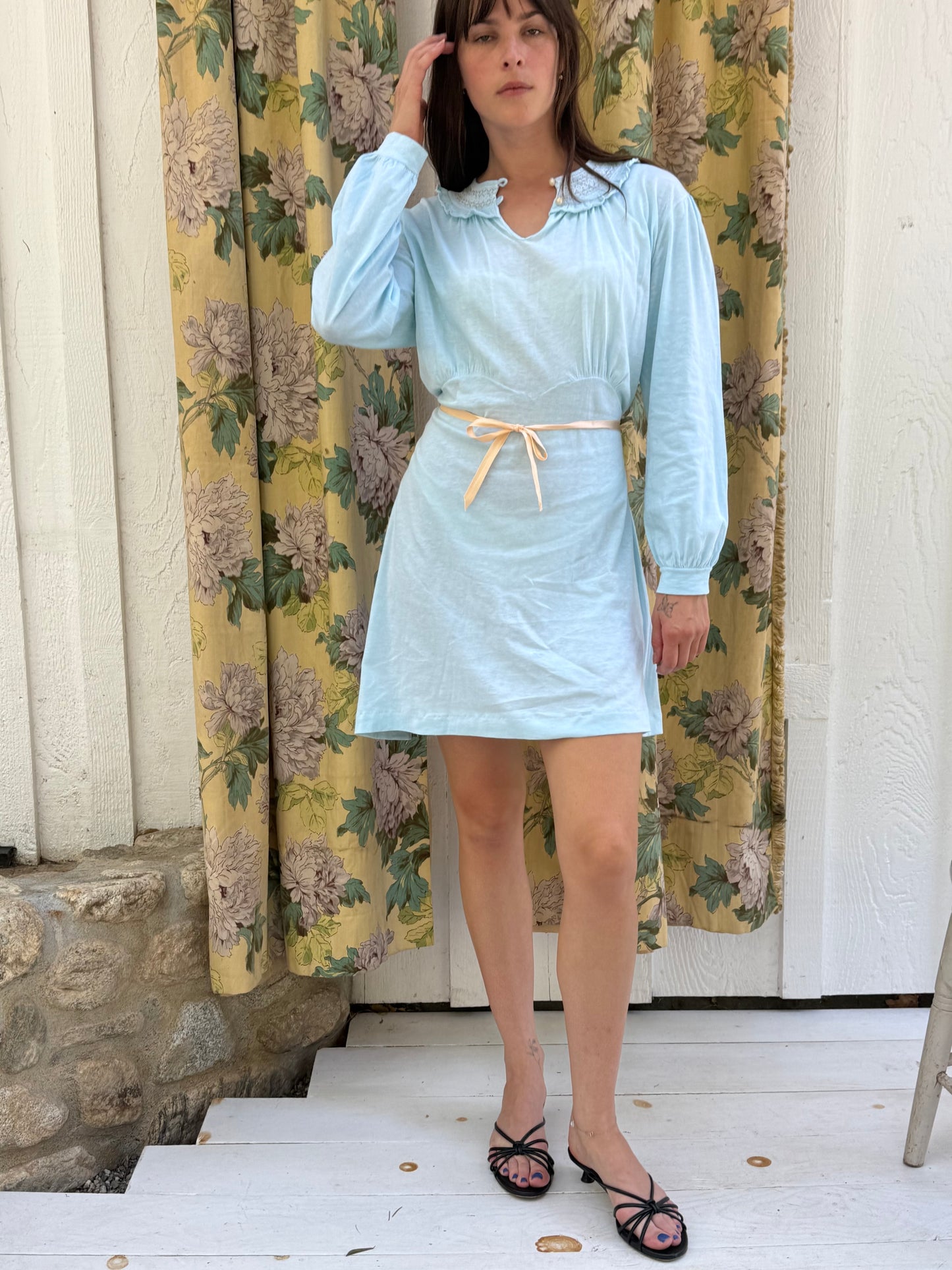 1950s Blue Cotton Smocked Mini Nightgown