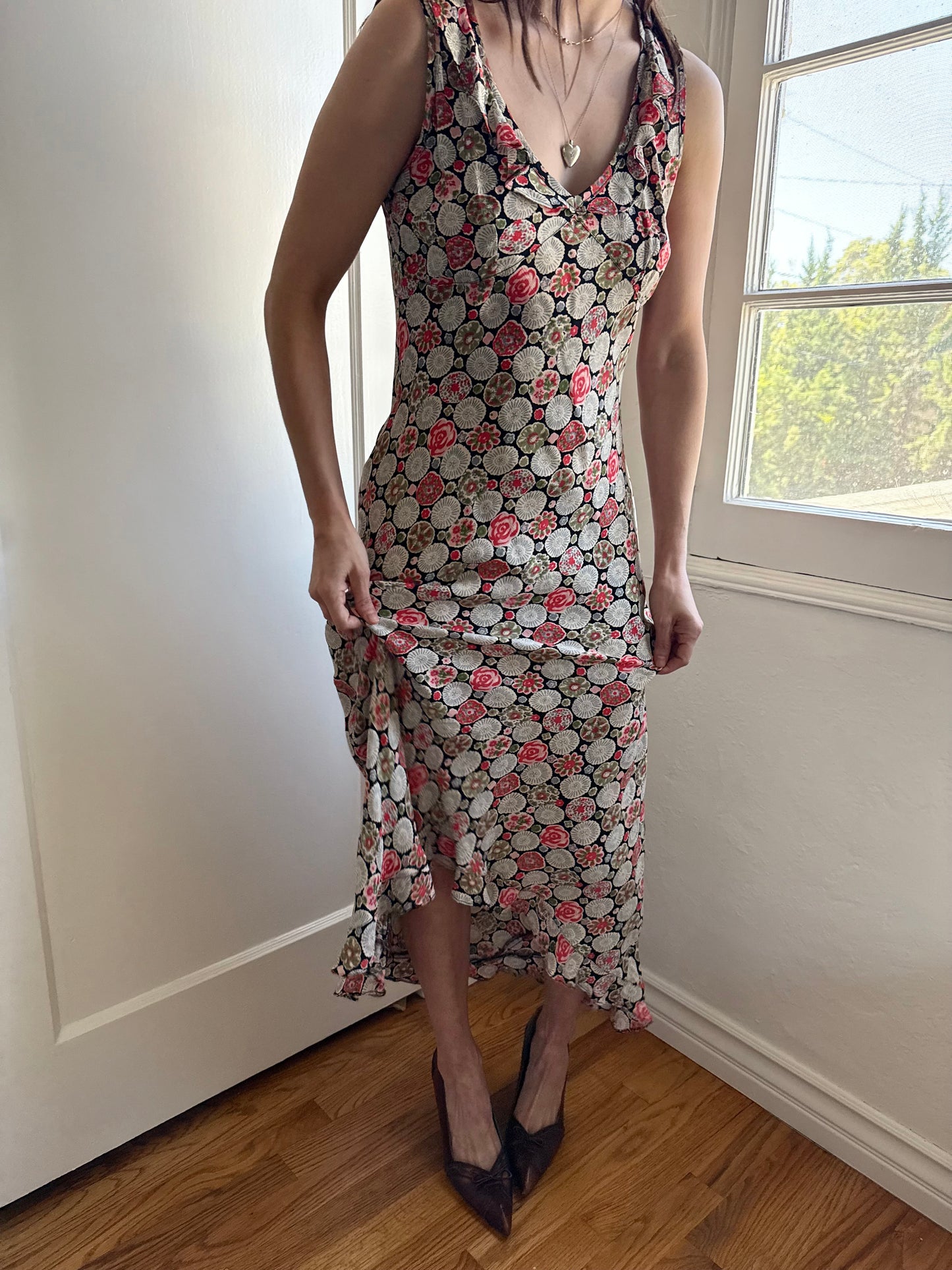 1990s Rayon Printed Bias Cut Ruffle Trimmed Dress