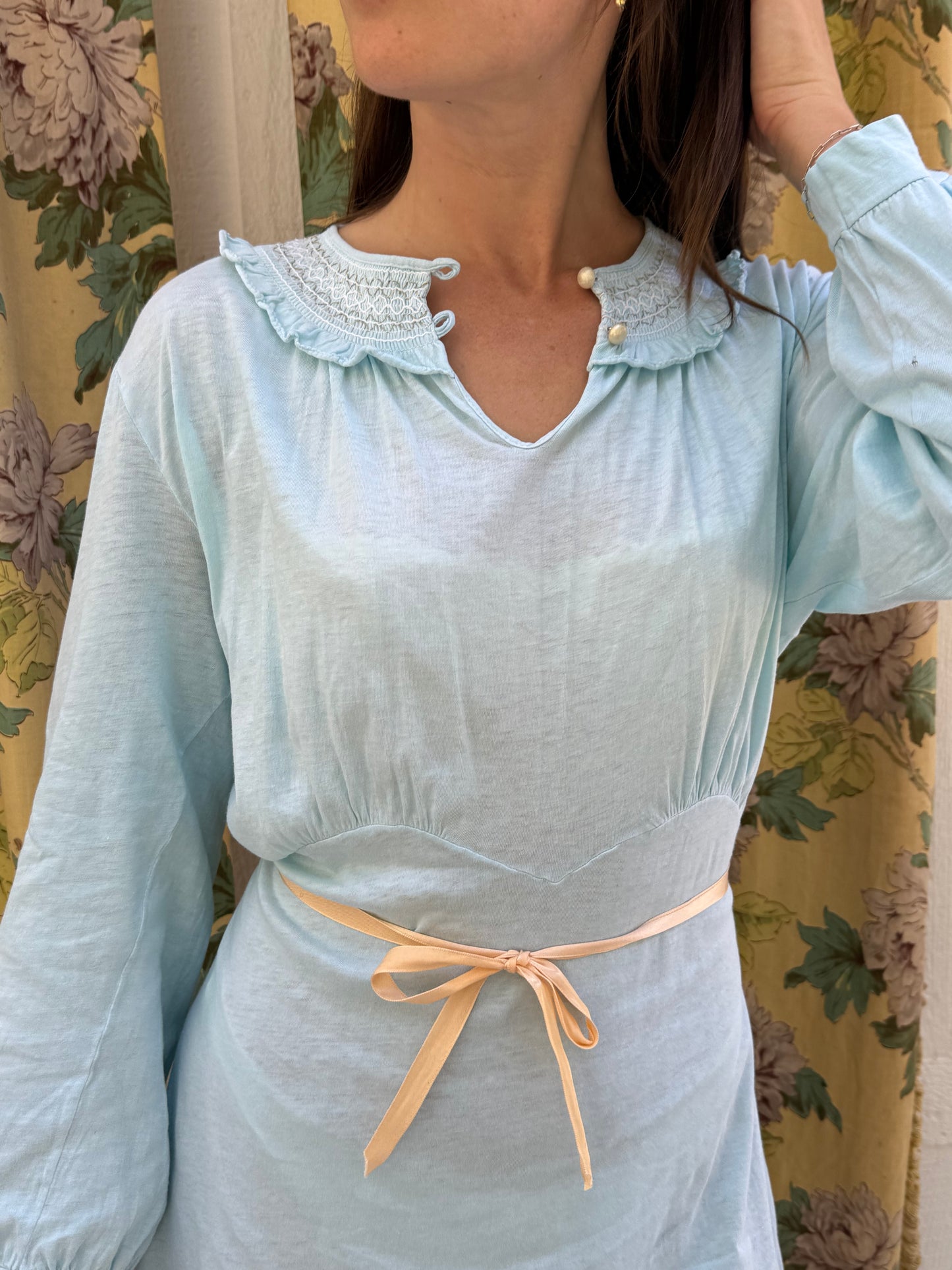 1950s Blue Cotton Smocked Mini Nightgown