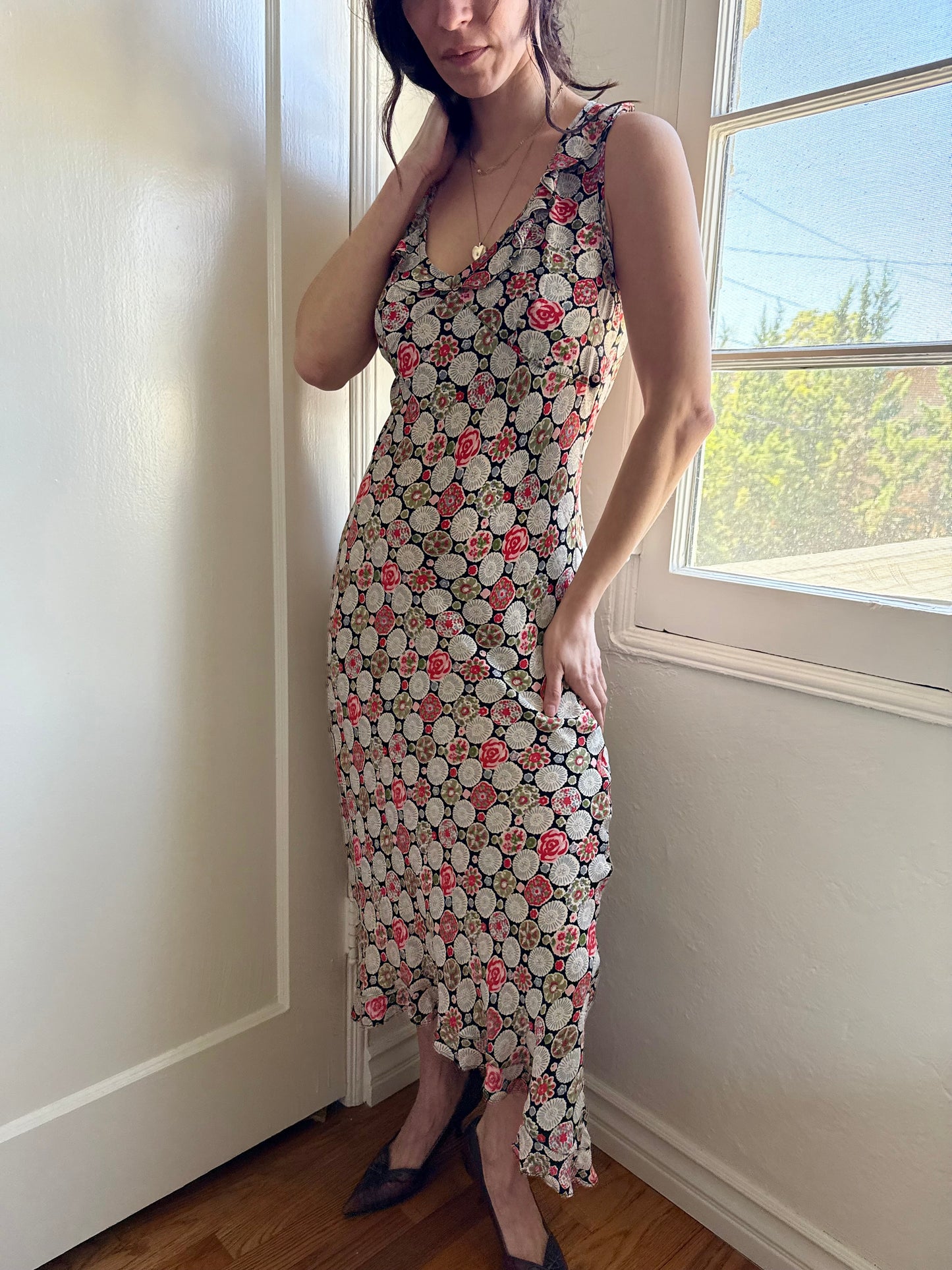 1990s Rayon Printed Bias Cut Ruffle Trimmed Dress