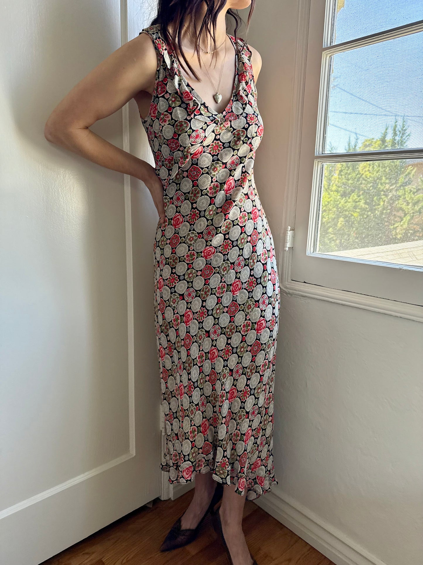 1990s Rayon Printed Bias Cut Ruffle Trimmed Dress