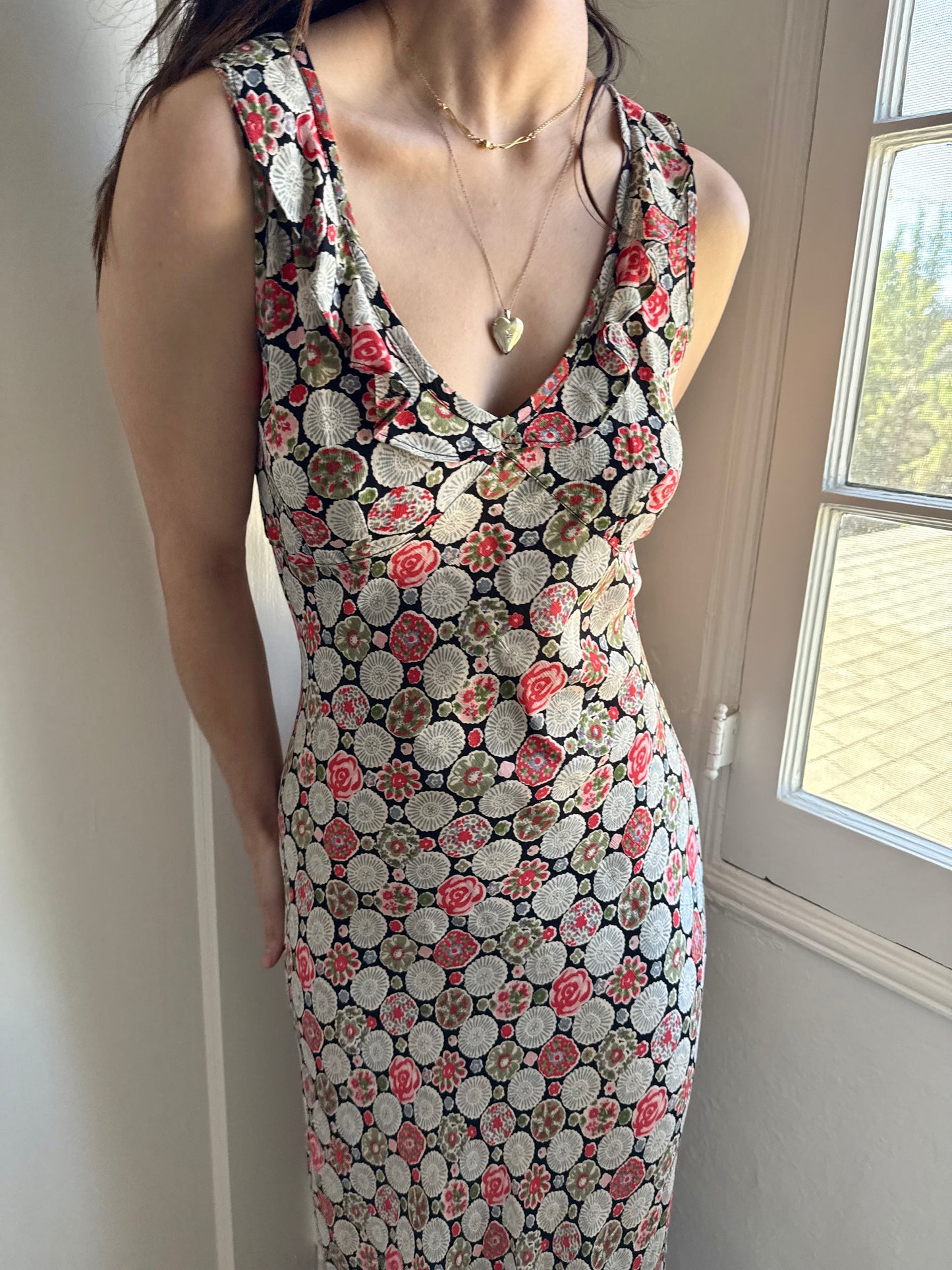 1990s Rayon Printed Bias Cut Ruffle Trimmed Dress