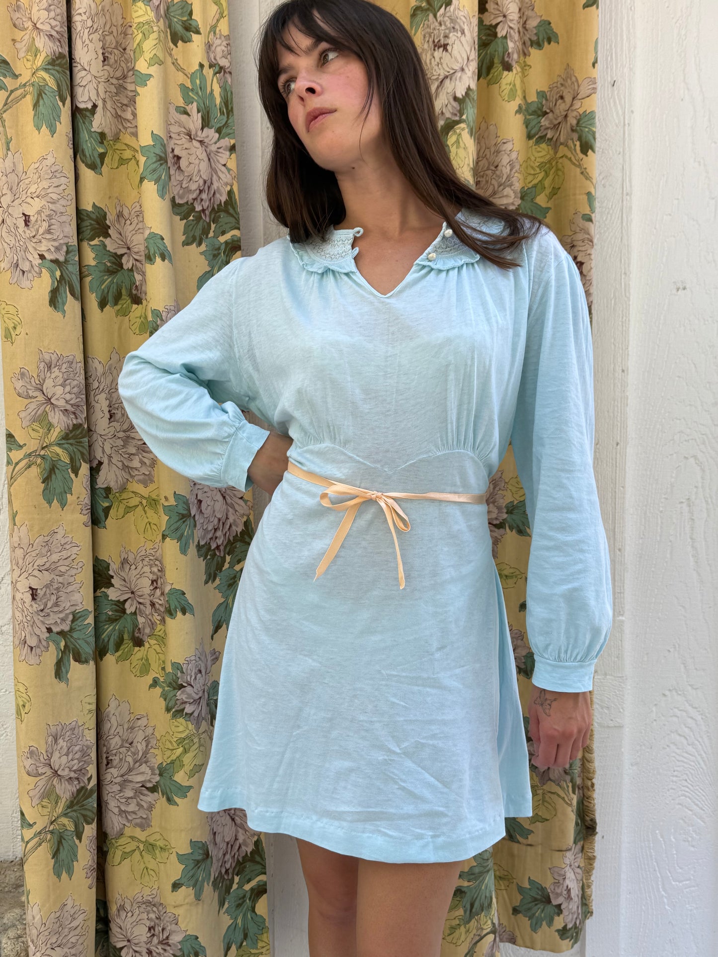 1950s Blue Cotton Smocked Mini Nightgown