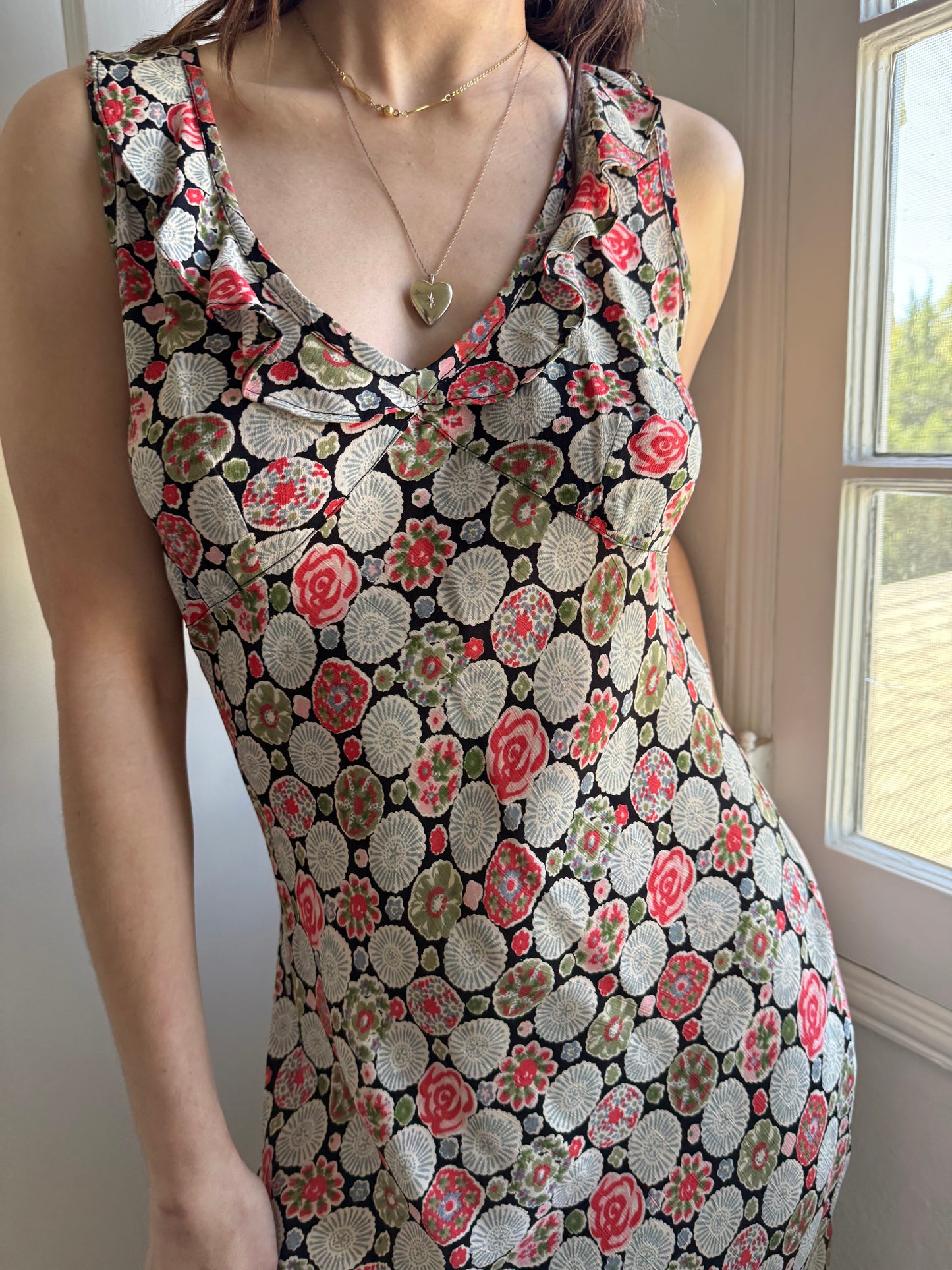 1990s Rayon Printed Bias Cut Ruffle Trimmed Dress
