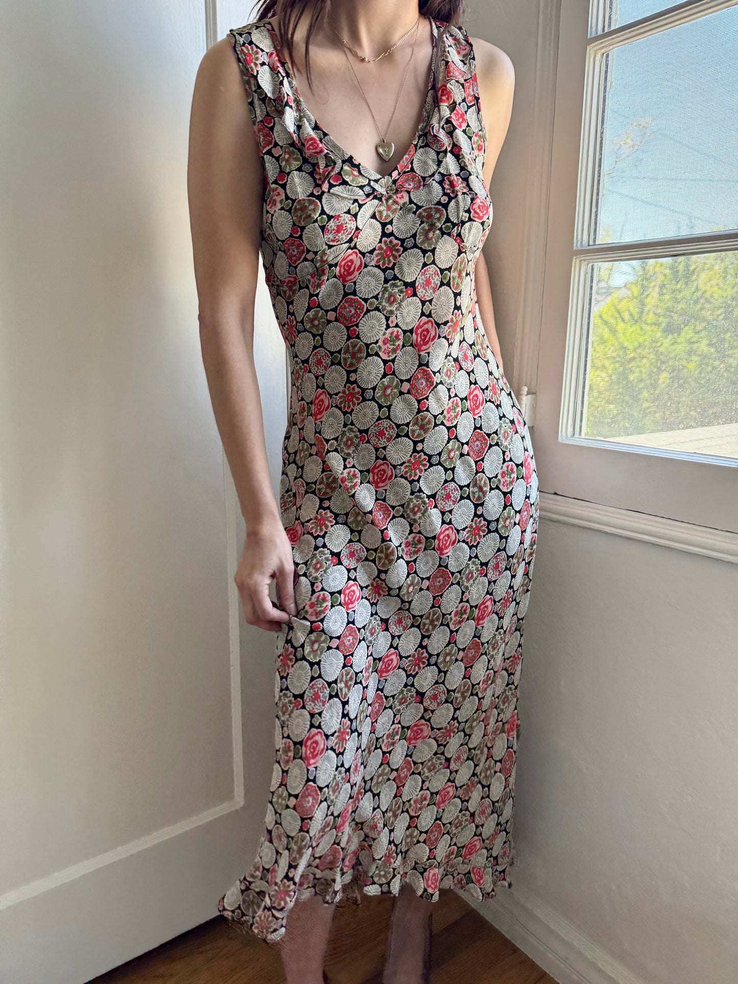 1990s Rayon Printed Bias Cut Ruffle Trimmed Dress