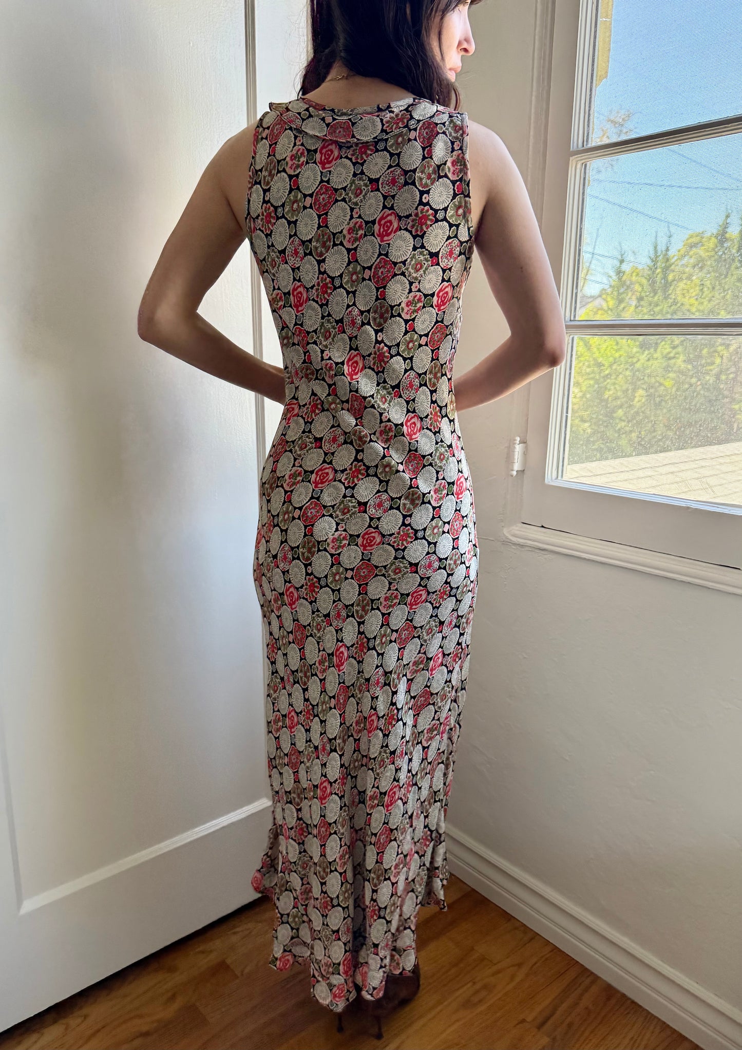 1990s Rayon Printed Bias Cut Ruffle Trimmed Dress