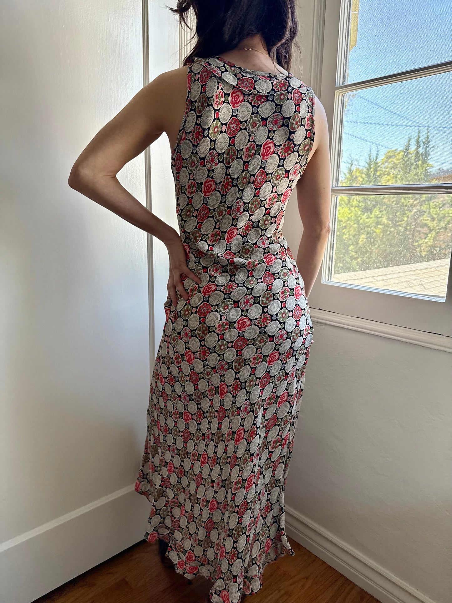 1990s Rayon Printed Bias Cut Ruffle Trimmed Dress