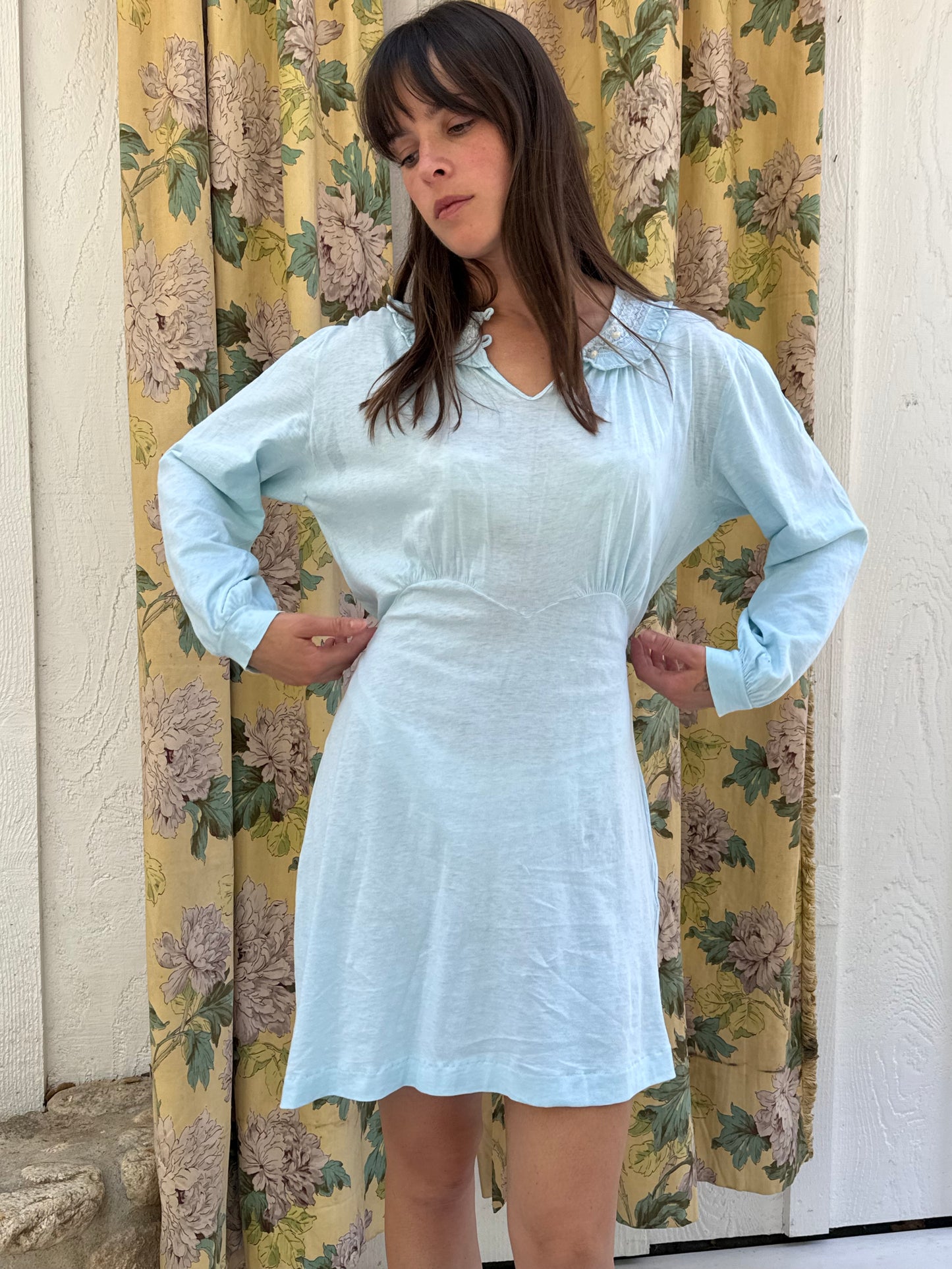 1950s Blue Cotton Smocked Mini Nightgown