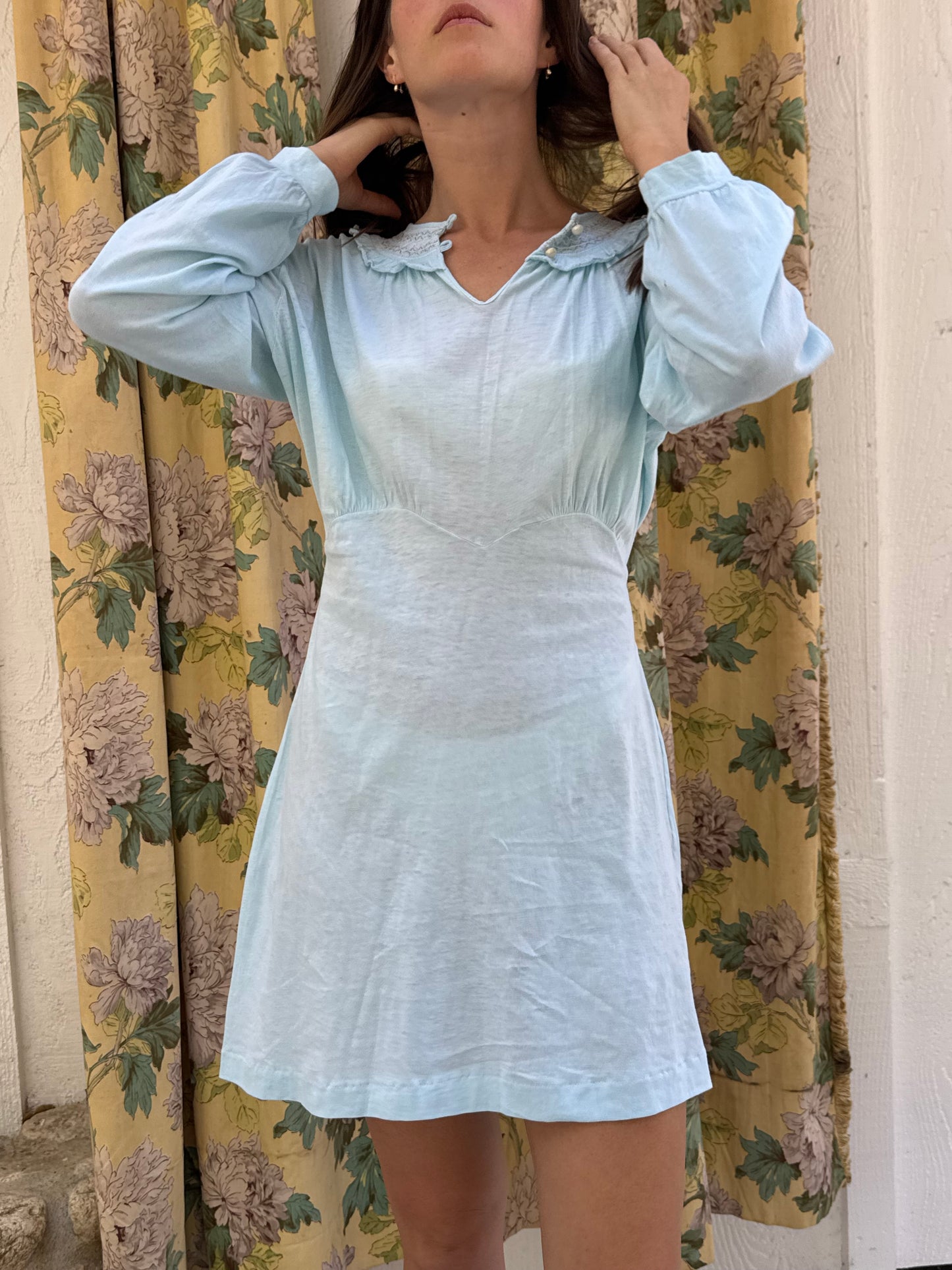 1950s Blue Cotton Smocked Mini Nightgown