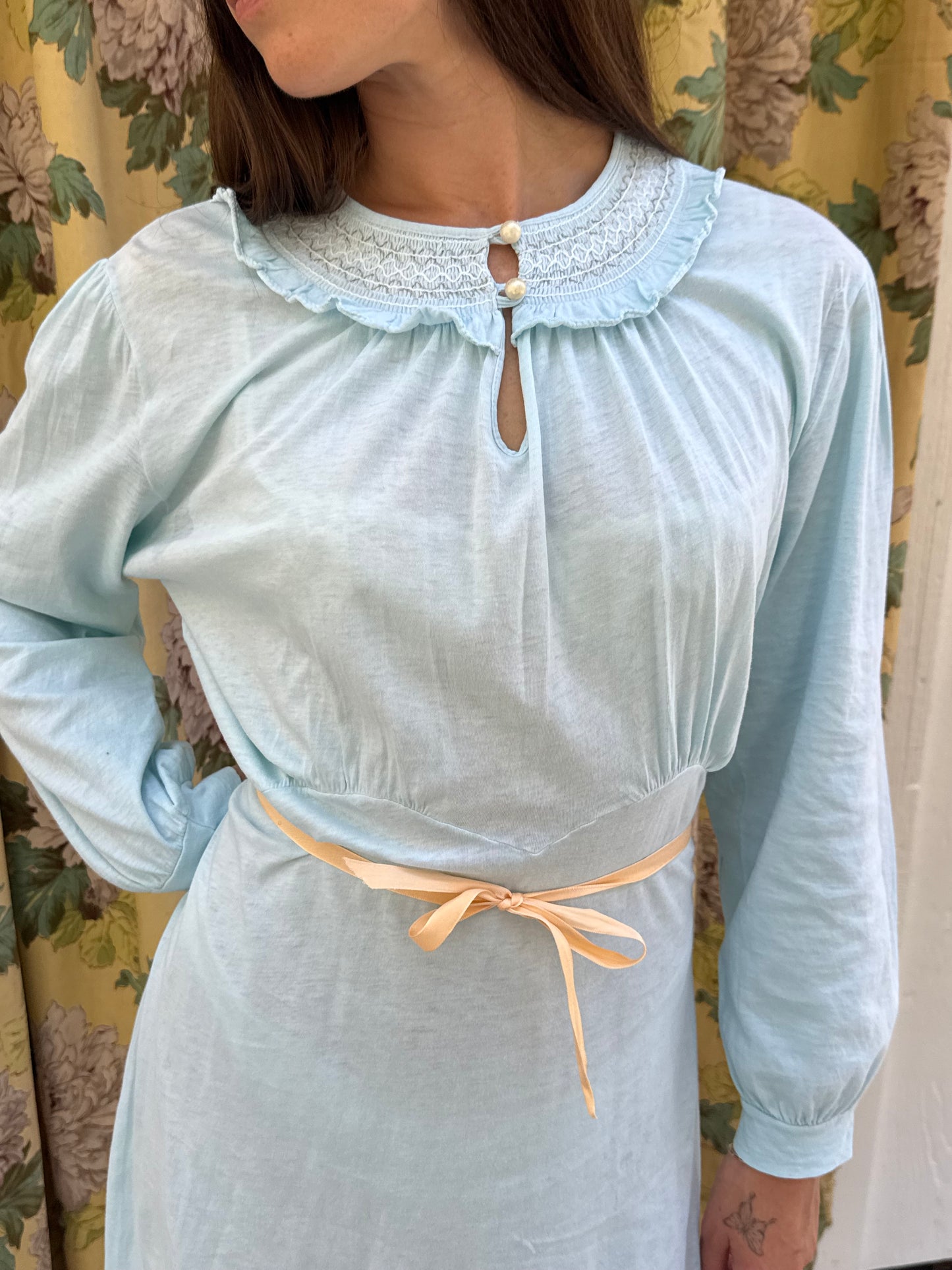 1950s Blue Cotton Smocked Mini Nightgown