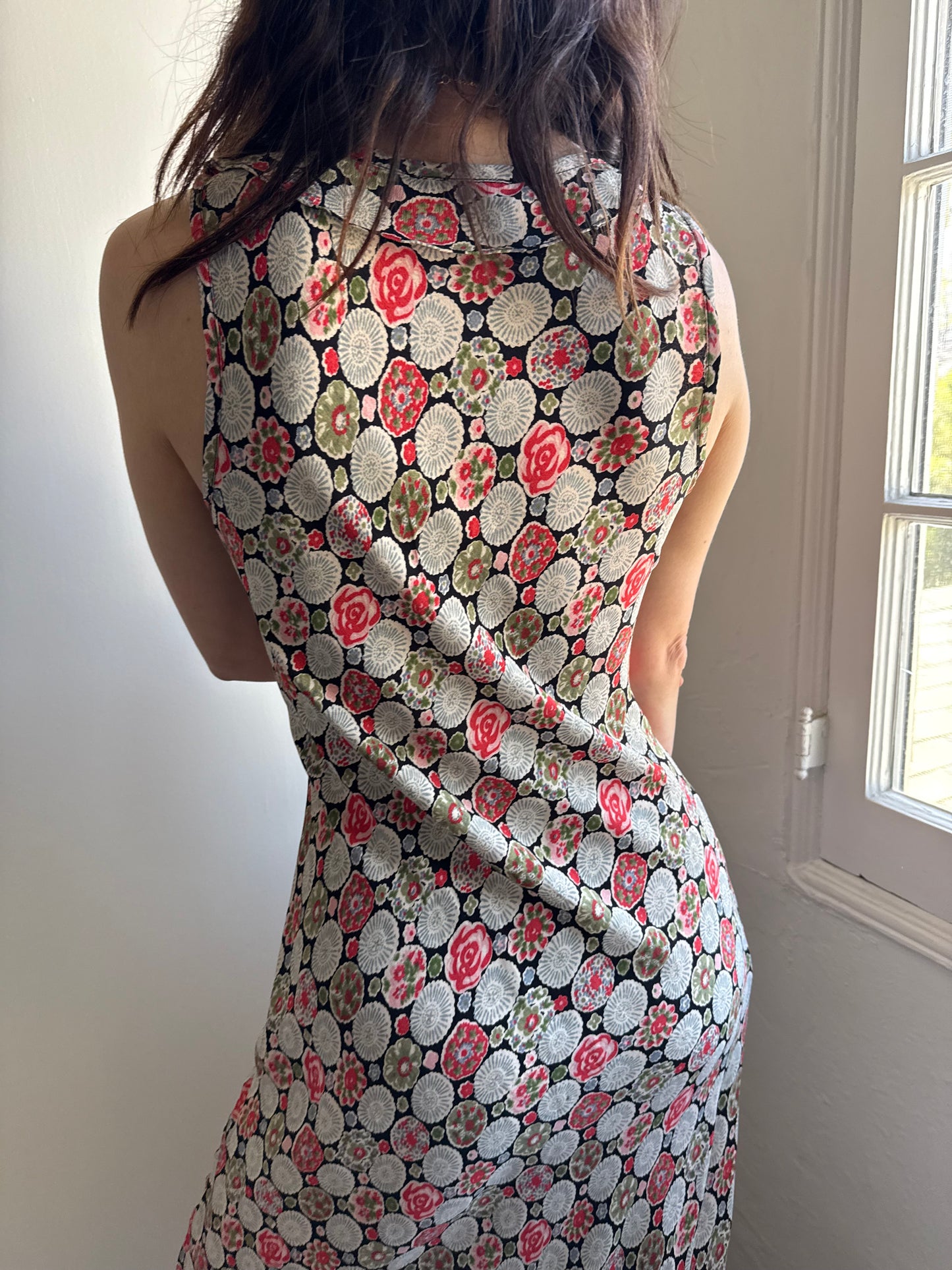1990s Rayon Printed Bias Cut Ruffle Trimmed Dress