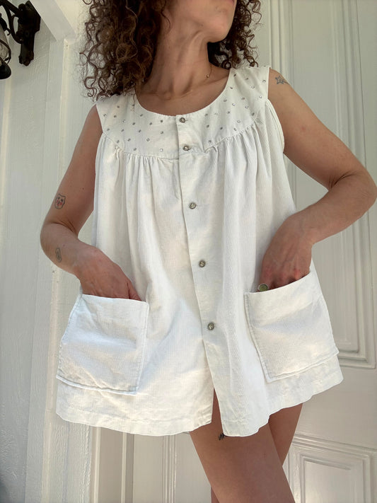 1950s White Rhinestoned Corduroy Babydoll Top