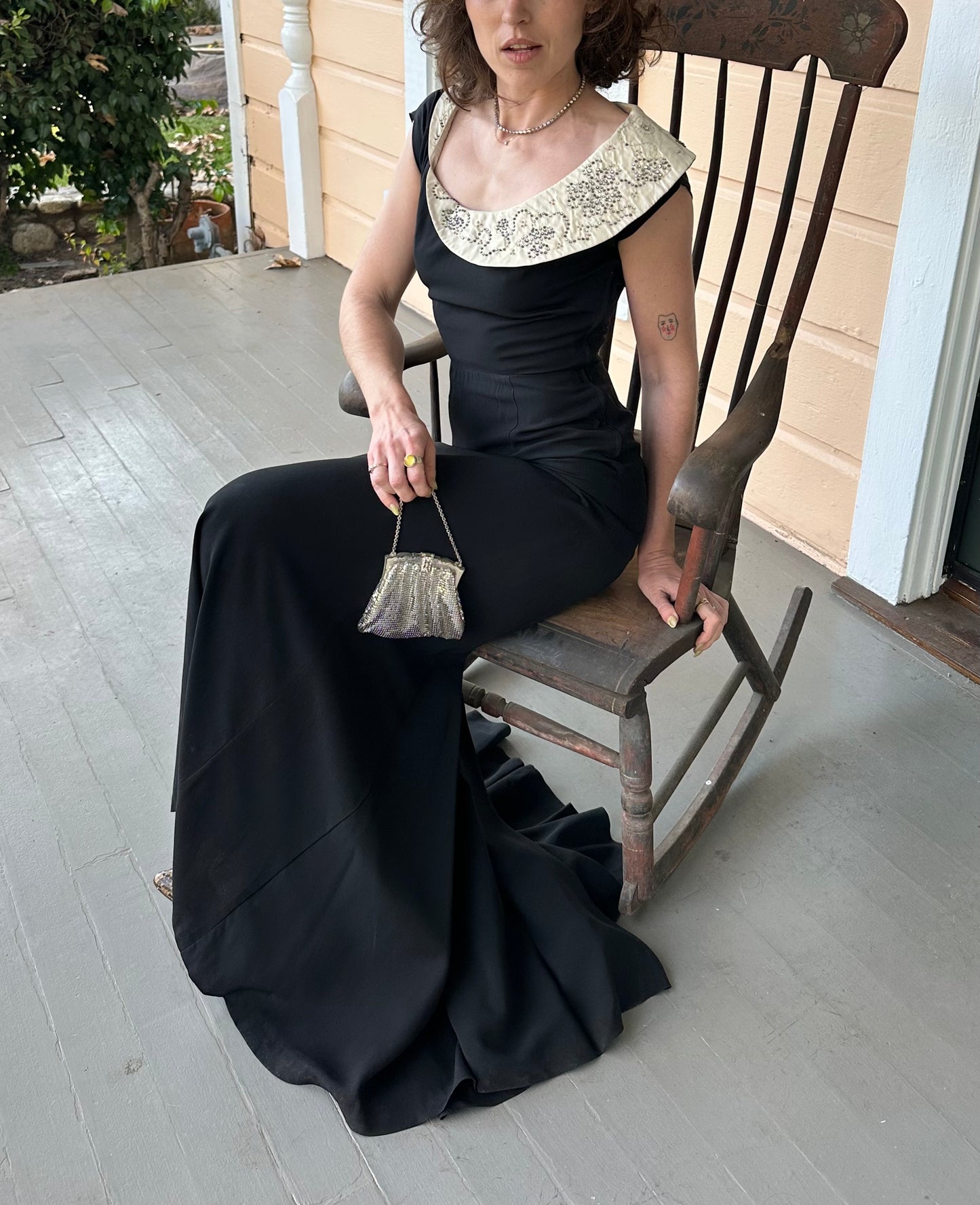 1940s Rhinestone Cowl Neck Black Rayon Structural Evening Gown