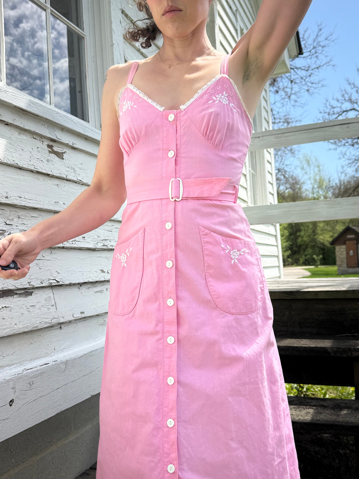 1970s Pink Embroidered Cotton Lace Trimmed Dress