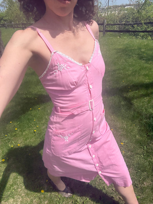 1970s Pink Embroidered Cotton Lace Trimmed Dress
