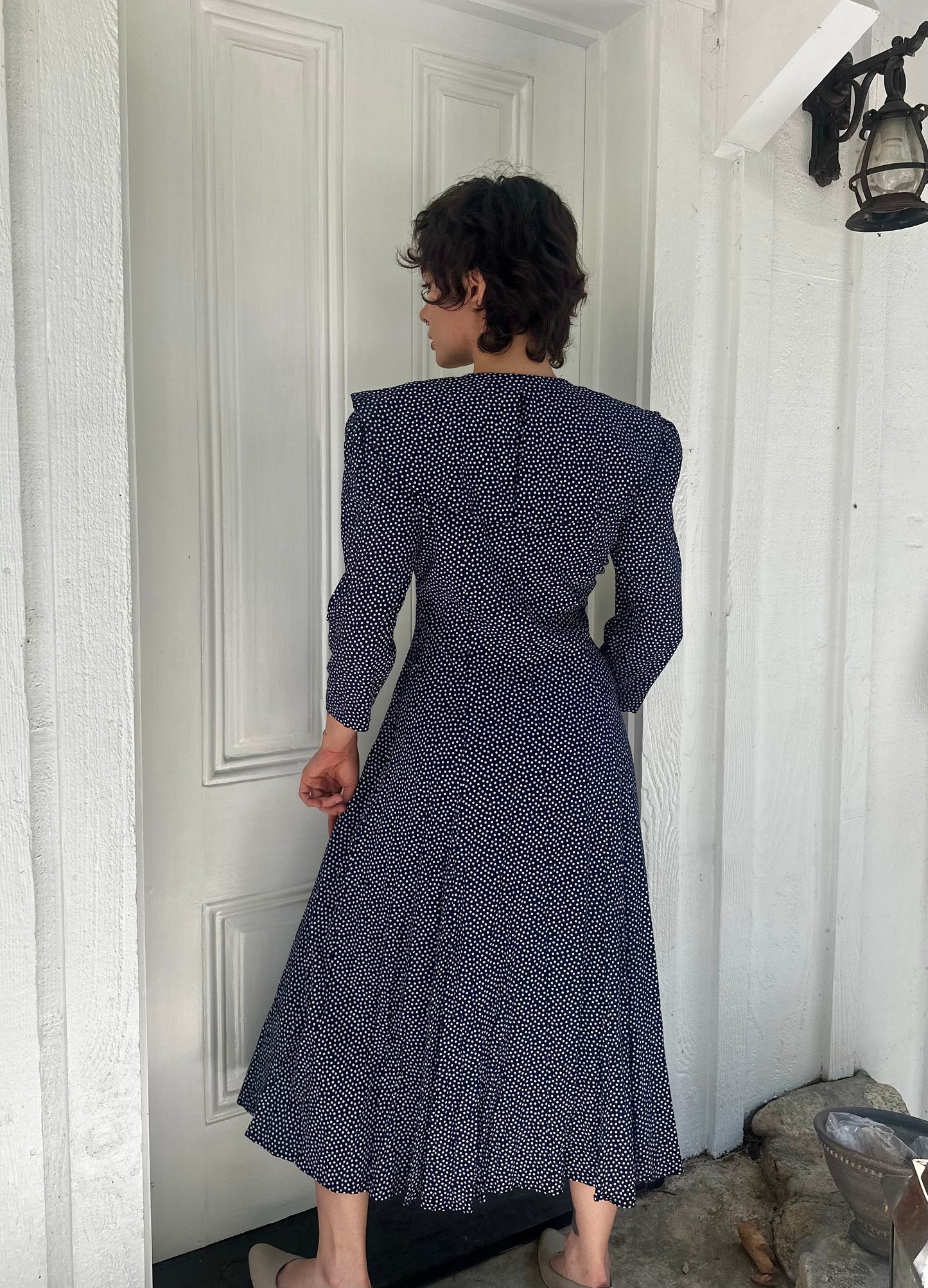 90s Navy Polka Dot Button Front Dress