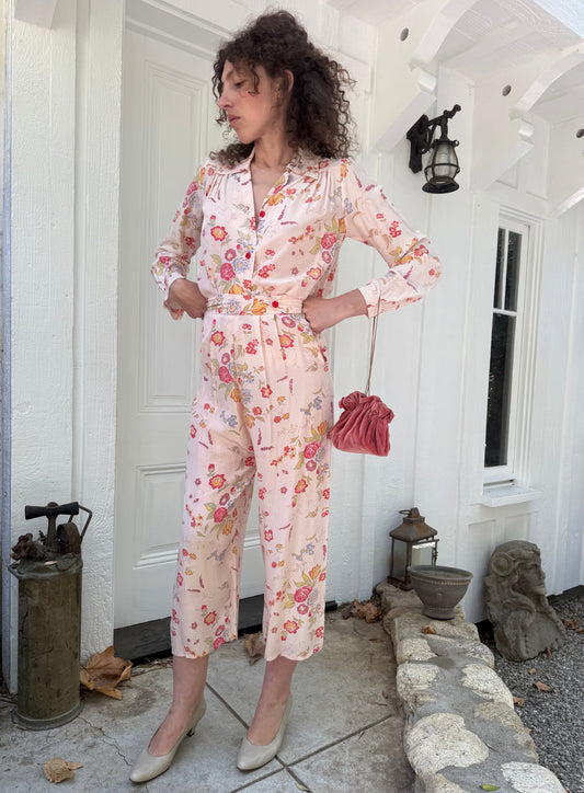 1940s Pink Floral Printed Cold Rayon Lounge Set