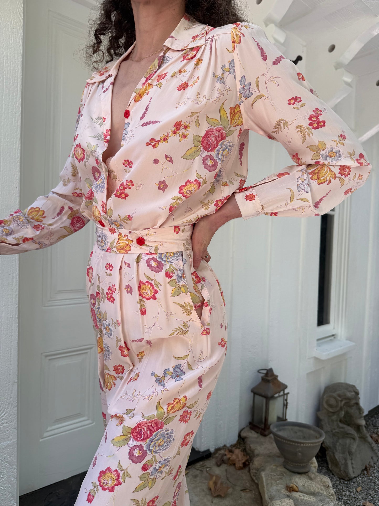 1940s Pink Floral Printed Cold Rayon Lounge Set
