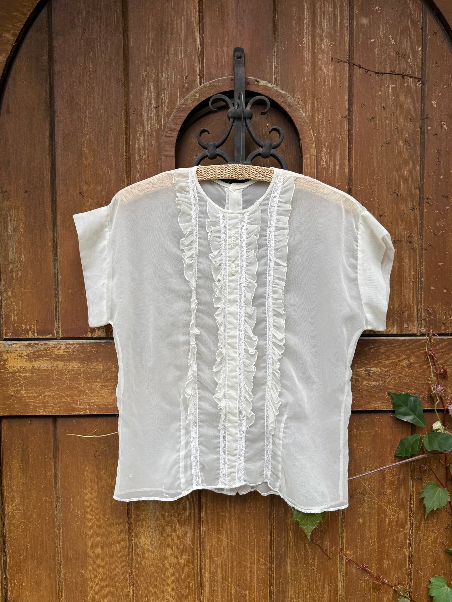 1950s White Lace Ruffle Front Sheer Blouse