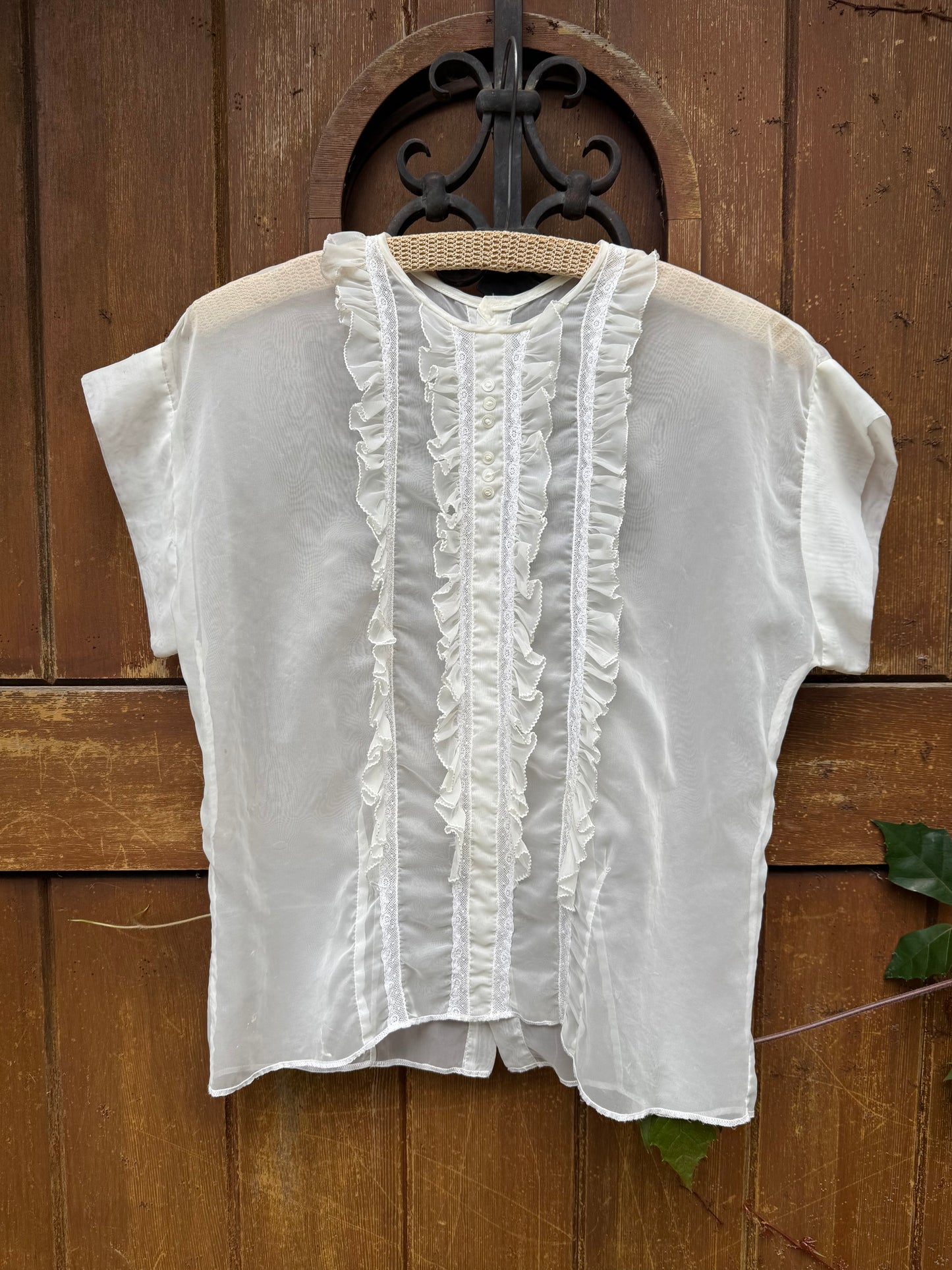 1950s White Lace Ruffle Front Sheer Blouse