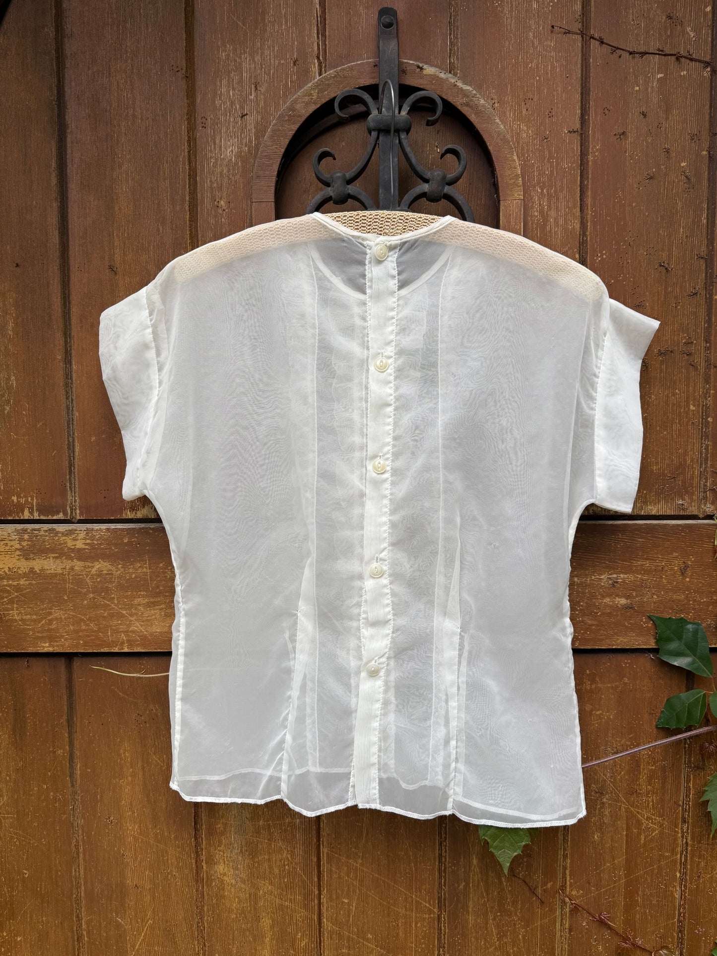 1950s White Lace Ruffle Front Sheer Blouse
