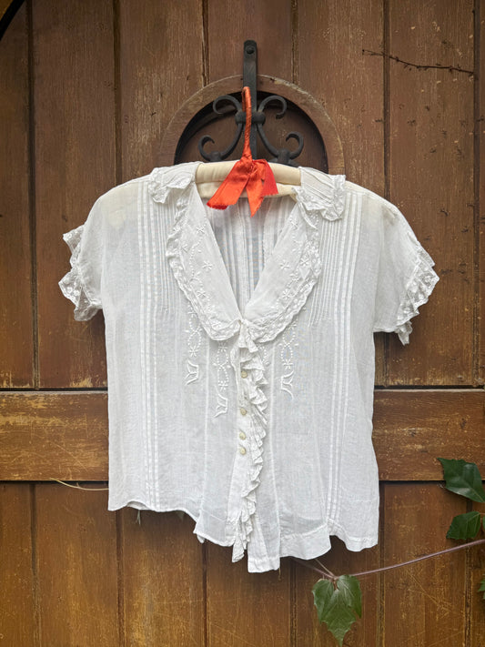 Victorian Cotton Button Front Lace Trimmed Blouse