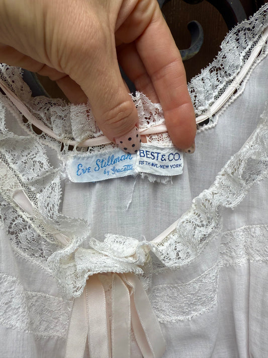 1950s Pale Pink Cotton Eve Stillman Lace Trimmed Cotton Dress