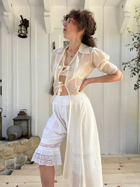 1940s Sheer White Nylon Collared Robe with Bows *as-is