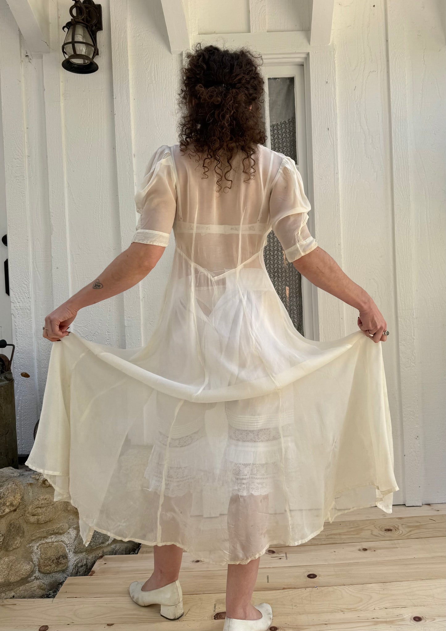 1940s Sheer White Nylon Collared Robe with Bows *as-is