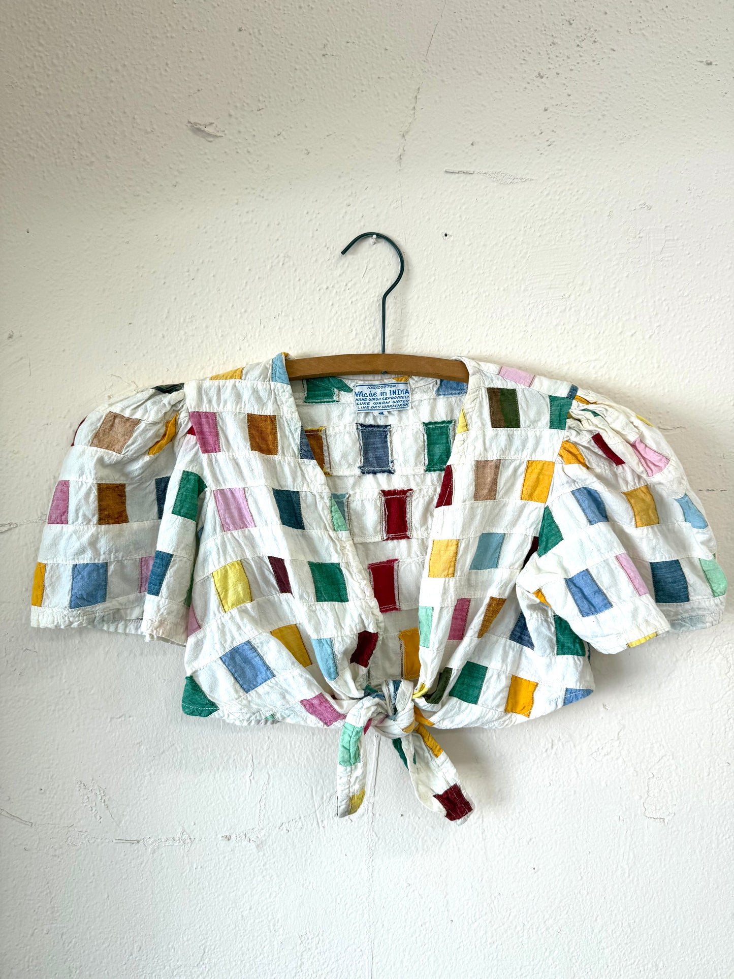 1970s Indian Cotton Patchwork Tie Front Cropped Top