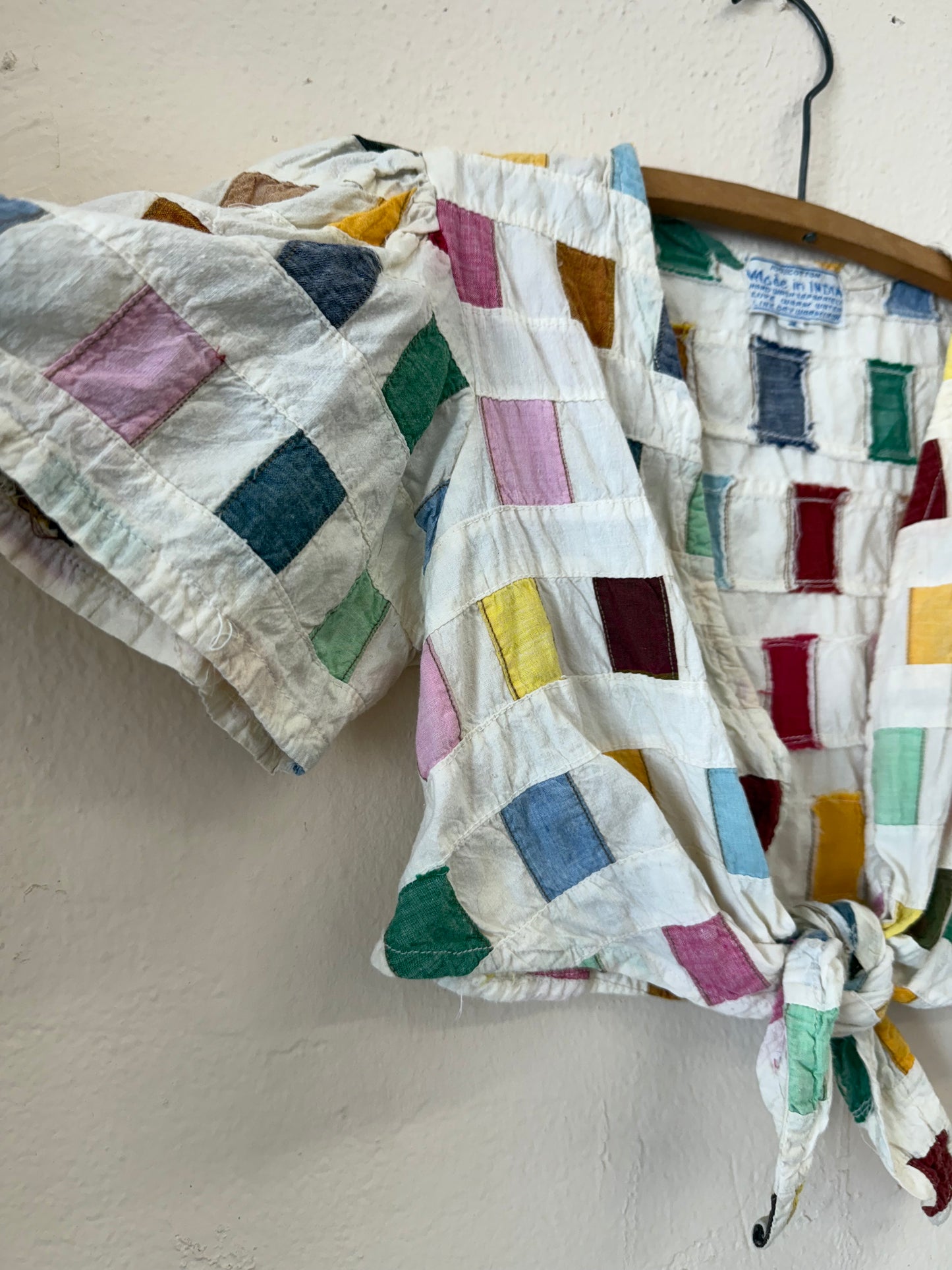 1970s Indian Cotton Patchwork Tie Front Cropped Top